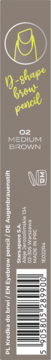 Tył brązowego opakowania kredki do brwi O-shape 02 Medium Brown, z widocznym kodem kreskowym.