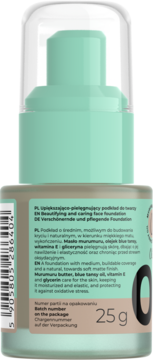 Tył butelki podkładu Stars Moon Touch 04 Olive Medium, miętowo-beżowy, z opisem składników i kodem kreskowym.
