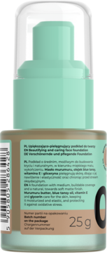 Tył butelki podkładu Stars from The Stars Moon Touch 06 Neutral Tan z informacjami o pielęgnacji i 25g.