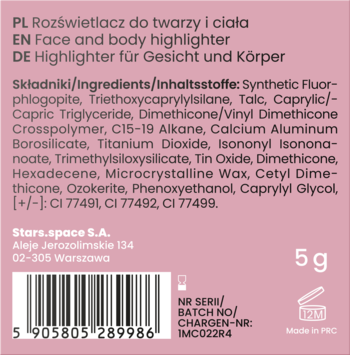 Tył różowego opakowania rozświetlacza Stars Dreamlighter. Widoczne składniki, kod kreskowy i waga 5g.