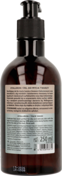 Tył ciemnej butelki żelu Hyaluron do mycia twarzy z kwasem hialuronowym, 250ml, widoczne detale etykiety.