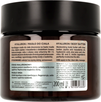 Tył ciemnego słoika masła do ciała Hyaluron 200ml, z etykietą zawierającą opis i skład produktu.