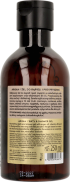 Ciemnobrązowa butelka żelu Argan 250ml, widok z tyłu. Etykieta z opisem składników i datą ważności.
