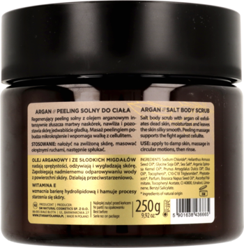 Tył brązowego słoika peelingu solnego Argan 250g, z opisem i listą składników, widoczny olejek arganowy.