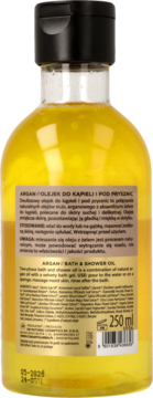 Argan Dwufazowy Olejek do Kąpieli i pod Prysznic 250ml, tył butelki. Złoty płyn, czarna nakrętka, etykieta z tekstem.