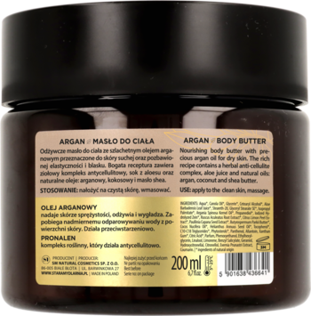 Tył słoika z odżywczym masłem do ciała Argan 200ml do skóry suchej, z olejem arganowym i shea.