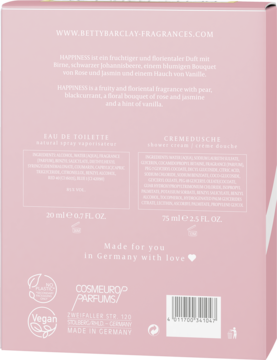 Różowy tył pudełka zestawu Betty Barclay Happiness, widoczne informacje o zapachu i składzie produktów.
