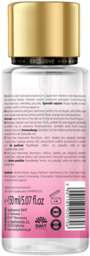 Tył różowej butelki mgiełki SWIT Exclusive 150ml z etykietami opisowymi, złotą nakrętką i kodem kreskowym.