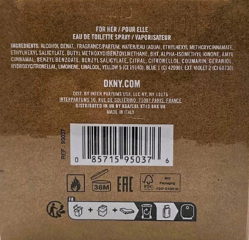 Tył opakowania wody toaletowej DKNY Be Delicious Coconuts About Summer: składniki, kod kreskowy, oznaczenia.