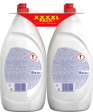 Tył podwójnego opakowania Fairy Original 1350 ml, białe butelki, widoczne etykiety ostrzegawcze i skład.