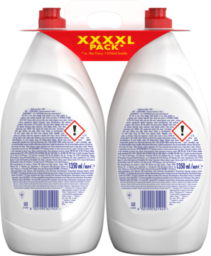 Tył dwóch białych butelek płynu Fairy Original cytrynowy 2x1350ml, z czerwoną opaską XXXL PACK i ostrzeżeniami.