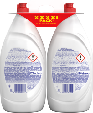 Tył dwóch białych butelek płynu Fairy Original cytrynowy 1350 ml, z czerwoną rączką „XXXXL PACK”.