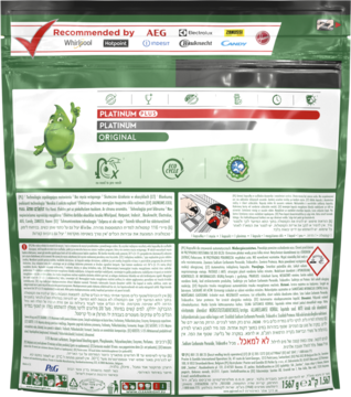 Tył zielonego opakowania kapsułek do zmywarki Fairy Original Platinum All In One 116 szt. cytrynowe.