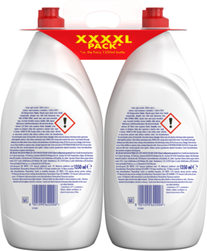 Zestaw 2 białych butelek płynu Fairy Granat 1350ml, widok z tyłu, z czerwoną etykietą 'XXXL PACK'.