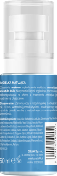 Tył niebieskiej butelki matującej mgiełki AA Wings of Color z niacynamidem i krzemionką, widoczne składniki i kod kreskowy.