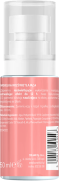 Tył różowej butelki Mgiełki Rozświetlającej 50ml z białą pompką, widoczne instrukcje użycia.