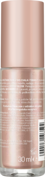 Tył różowo-złotej butelki rozświetlacza w płynie Power of Glow, z tekstem etykiety i 30 ml.