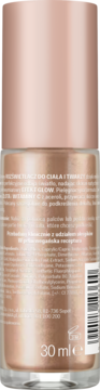 Tył butelki rozświetlacza Power of Glow Golden Magic, złota ciecz, widoczny tekst, skład i 30 ml.