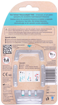 Tył opakowania Tick Twister Kleszczołapki TRIO z trzema haczykami do usuwania kleszczy i opisem użycia.