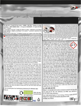 Tył opakowania kapsułek do zmywarki Fairy Platinum All In One Lemon. Szara torebka z tekstem i symbolami ostrzegawczymi.