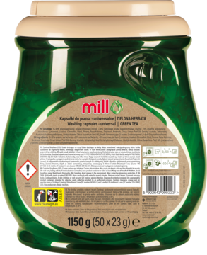 Tył zielonego, owalnego pojemnika kapsułek Mill Uniwersalne Zielona Herbata, z etykietą 50 prań.