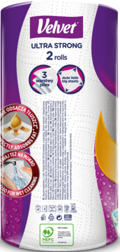 Velvet Ultra Strong ręcznik papierowy, 2 rolki, fioletowo-biała etykieta, idealny do tłuszczu i mokrego czyszczenia.