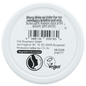 Spód białego, okrągłego opakowania korektora Alterra Wake up Under Eye z datą ważności i logo Vegan.