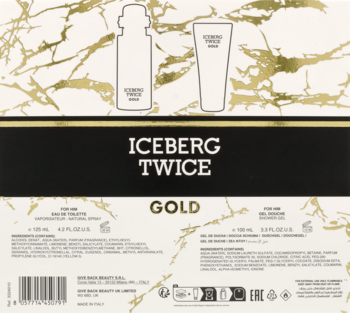 Front opakowania zestawu Iceberg Twice Gold na tle złoto-marmurowym, z czarnym pasem i sylwetkami flakonów.