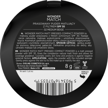 Tył czarnego, okrągłego pudru matującego Wonder Match Medium Beige SPF 30, z widocznym tekstem i wagą 8g.