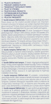 Tył opakowania tamponów facelle SilkFeel mini, z białym tekstem: instrukcje użycia i ostrzeżenia o TSS na szarym tle.