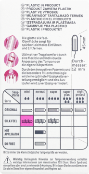 Panel informacyjny tamponów Facelle Silk Feel Mini. Wyróżniona opcja 'Silk Feel mini' w tabeli rozmiarów, z opisem gładkości.