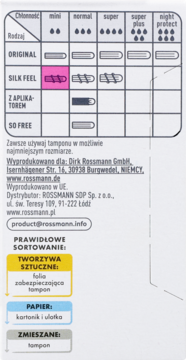 Tabela chłonności tamponów Facelle Silk Feel Mini na opakowaniu. Różem wyróżniono wiersz Silk Feel, kolumnę Mini.