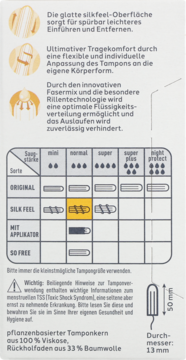 Tylna strona opakowania tamponów Facelle Silk Feel Normal, z tabelą absorpcji, diagramem i niemieckim tekstem.