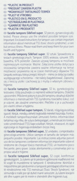 Fragment ulotki tamponów facelle SilkFeel super z instrukcją użycia i ostrzeżeniami o TSS w różnych językach.