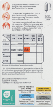 Tył opakowania tamponów Facelle Silk Feel Super: tabela chłonności, opis silkfeel, OEKO-TEX i recykling.