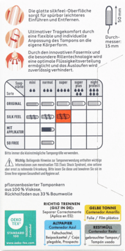 Tył opakowania tamponów Facelle Silk Feel Super, białe tło, tabela chłonności Super, skład i instrukcje recyklingu.