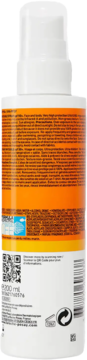 Biała butelka La Roche-Posay Anthelios SPF 50+ Niewidoczny Spray, tył z etykietą i kodem QR.