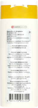 Altapharma mleczko do opalania SPF 30 Sensitive, widok tyłu białej butelki z żółtą nakrętką, z etykietą i kodem kreskowym.