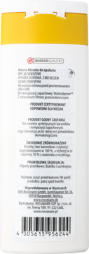 Tył butelki mleczka do opalania SPF 30 Sensitive, biała z żółtą zakrętką, widoczne teksty, wodoodporne, wegańskie.