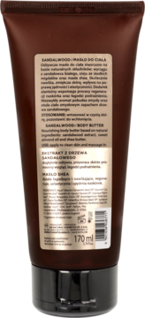 Tył ciemnobrązowej tuby masła do ciała Sandalwood, z polskimi i angielskimi opisami składników, 170 ml.