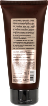 Brązowa tuba masła do ciała Cashmere 170 ml, tył opakowania z polskim i angielskim tekstem, białymi etykietami.