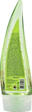 Tył butelki Holika Holika Aloe Facial Cleansing Foam 150ml, kształt aloesu, zielony żel, etykieta.