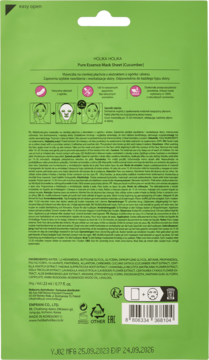 Tył zielonej maseczki Holika Holika Pure Essence Mask Sheet Cucumber, widoczny skład i instrukcje.