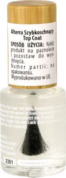 Alterra Szybkoschnący Top Coat do paznokci w przezroczystej butelce z drewnianym korkiem i pędzelkiem, widok z przodu.