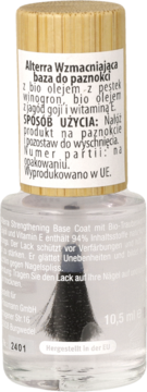 Alterra wzmacniająca baza do paznokci z olejem winogronowym, butelka z drewnianą nakrętką, widok z przodu.