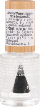 Alterra wzmacniająca baza do paznokci, 10.5 ml, z olejem winogronowym i goji, w przezroczystej butelce z drewnianym korkiem.