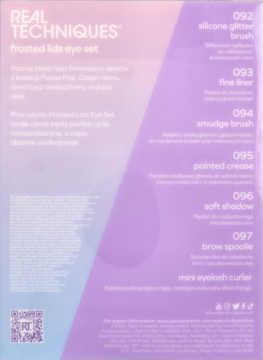 Tył opakowania zestawu Real Techniques Frosted Lids Eye Set, z listą pędzli i opisami w języku polskim.