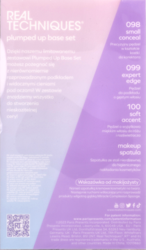 Tył opakowania zestawu pędzli do makijażu Real Techniques Plumped Up Base Set w odcieniach fioletu.