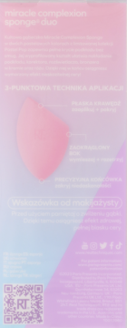 Opakowanie Miracle Complexion Sponge Duo: ilustracja różowej gąbki z instrukcją użycia, na gradientowym tle.