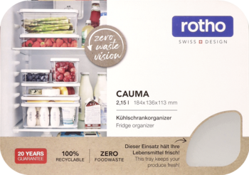 Rotho Cauma transparent organizer 2.15l w lodówce z warzywami, obok opakowanie z logo i opisem świeżości.